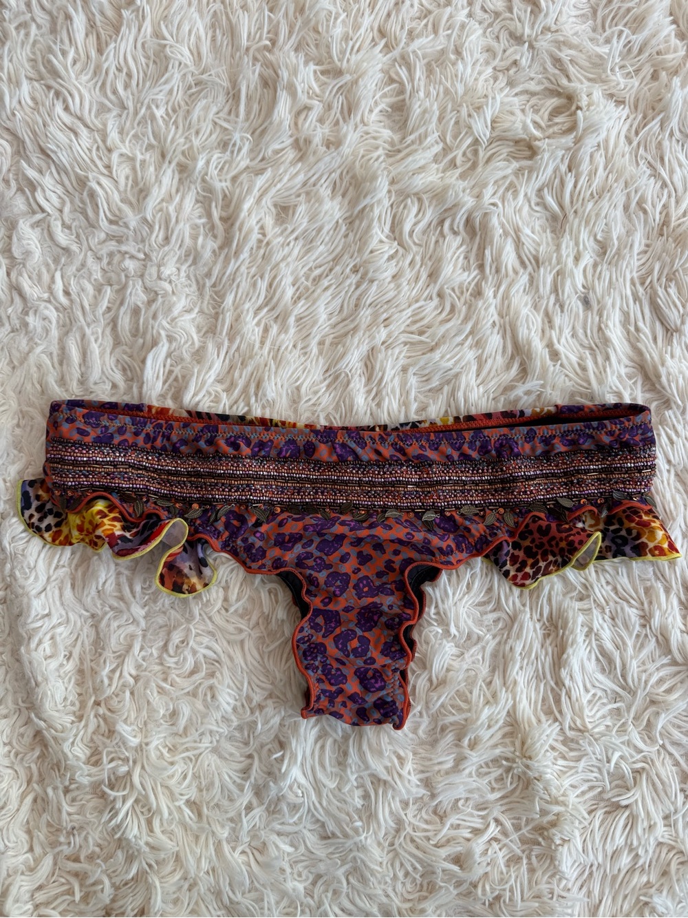 Agua Bendita Beaded Animal Print Ruffle Bikini Bottom Swimwear Size M Colombia